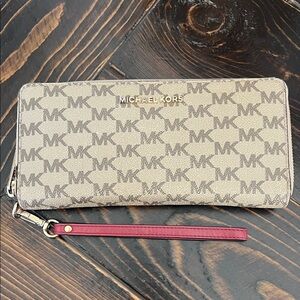 Michael Kors Beige Monogram Wallet with Red Accent